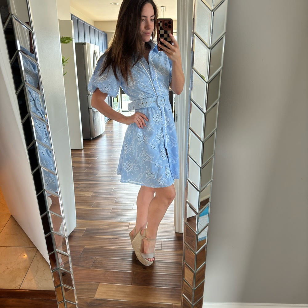 Blue Eyelet Puff Sleeve Belted Sundress